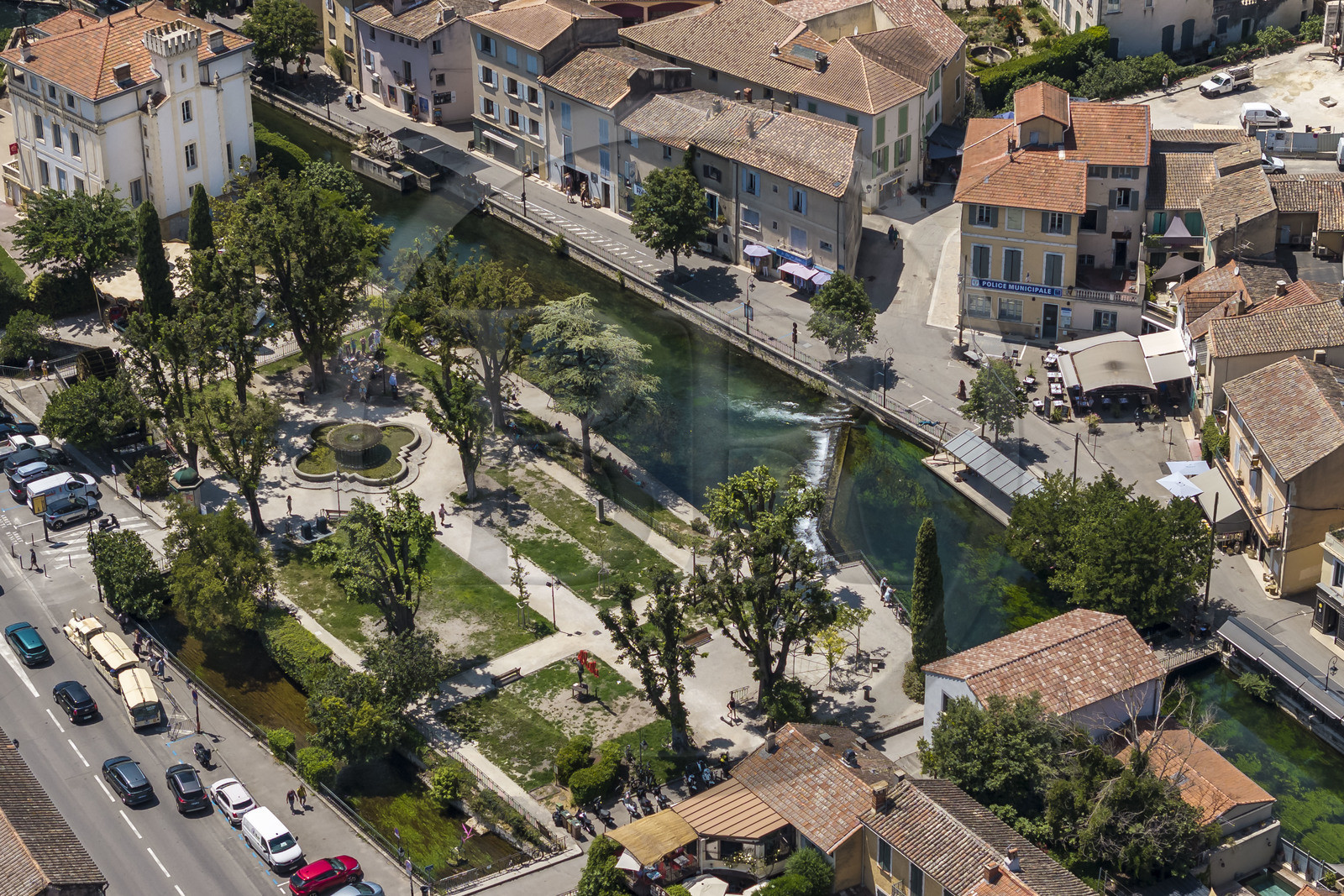 France, Vaucluse, L'Isle sur la Sorgue, the old town along the quai Jean Jaures on the Sorgue river (aerial view)