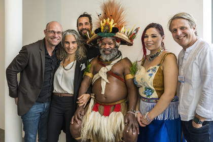 France, Paris, UNESCO Headquarters, Papuan Chief Mundiya Kepanga and Twyla Edgi Masuzumi representative of the Dene community of northwestern Canada, with producer Muriel Barra