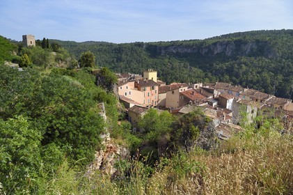 France, Var, the Dracenie, so-called Saracen bossed tower from the 11th century overlooking the village of Chateaudouble