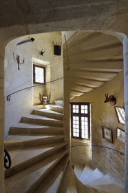 France, Dordogne (24), Périgord Noir, vallée de la Dordogne, Sarlat-la-Canéda, le Manoir de Gisson, escalier principal de pierre en vis
