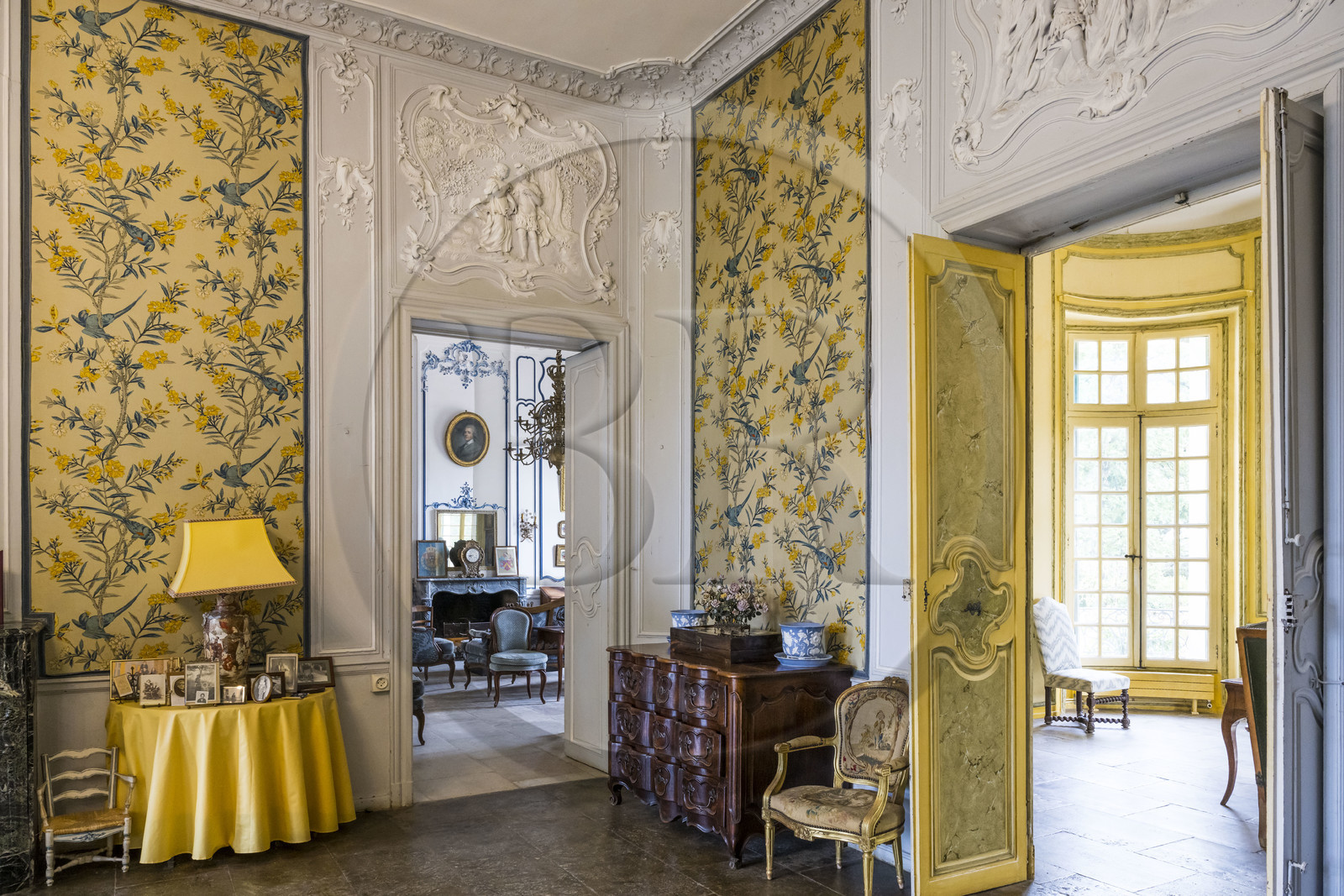 France, Hérault (34), Lavérune, Chateau de l'Engarran, hotel particulier de la deuxième moitié du XVIIIème siècle appelée folie montpelliéraine, gypserie, décoration d’intérieur moulée et sculptée en gypse