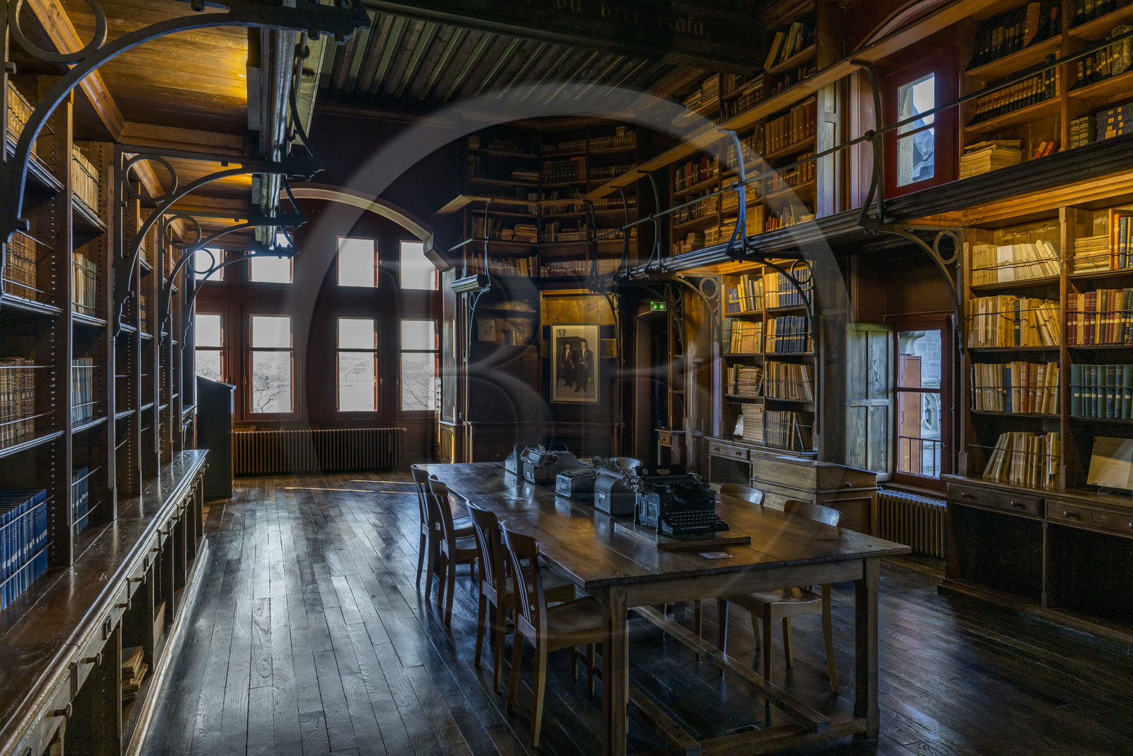 France, Pyrenees Atlantiques, Basque Country coast, Hendaye, Abbadia castle built in 1870 by Eugène Viollet-le-Duc for Antoine d'Abbadie d'Arrast, the library