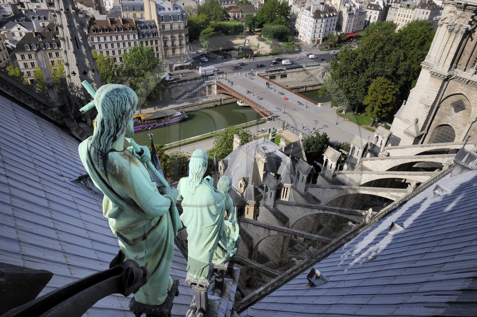 France, Paris (75), les rives de la Seine classées Patrimoine Mondial de l'UNESCO, île de la Cité, la cathédrale Notre-Dame depuis la flèche qui domine les statues de cuivre vert-de-grisé des douze apôtres