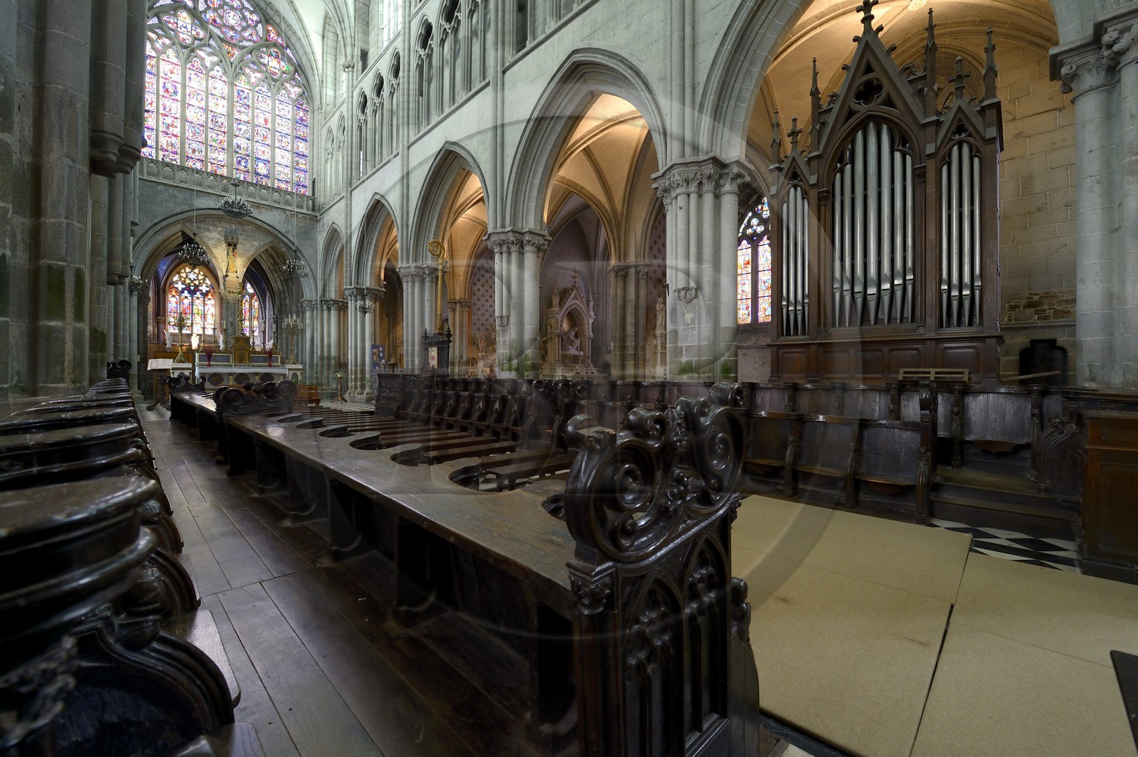 France, Ille-et-Vilaine,  Bay of Mont Saint Michel, Dol de Bretagne, Saint Samson cathedral of gothic style, both sides of the choir are located 77 stalls dated from the fourteenth century