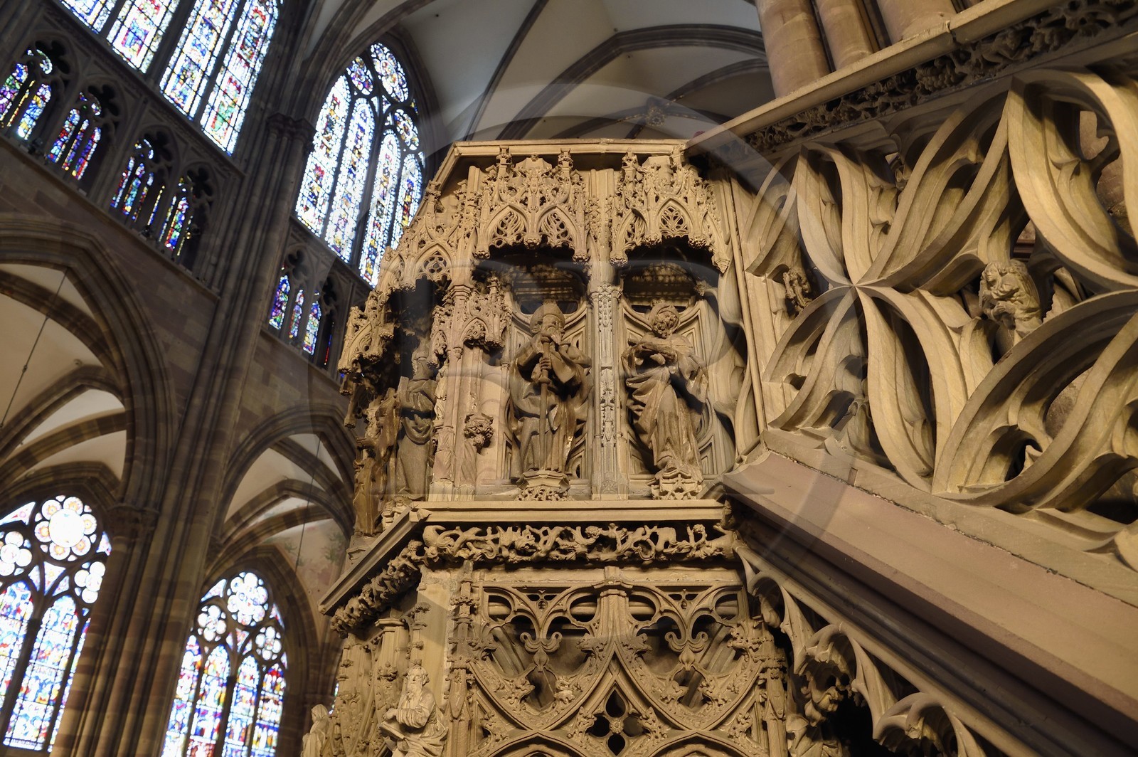 France, Bas-Rhin (67), Strasbourg, vieille ville classée au Patrimoine Mondial de l'UNESCO, la cathédrale Notre-Dame, la chaire du grand prédicateur Geiler de Kaysersberg réalisée par le sculpteur Hans Hammer en 1485