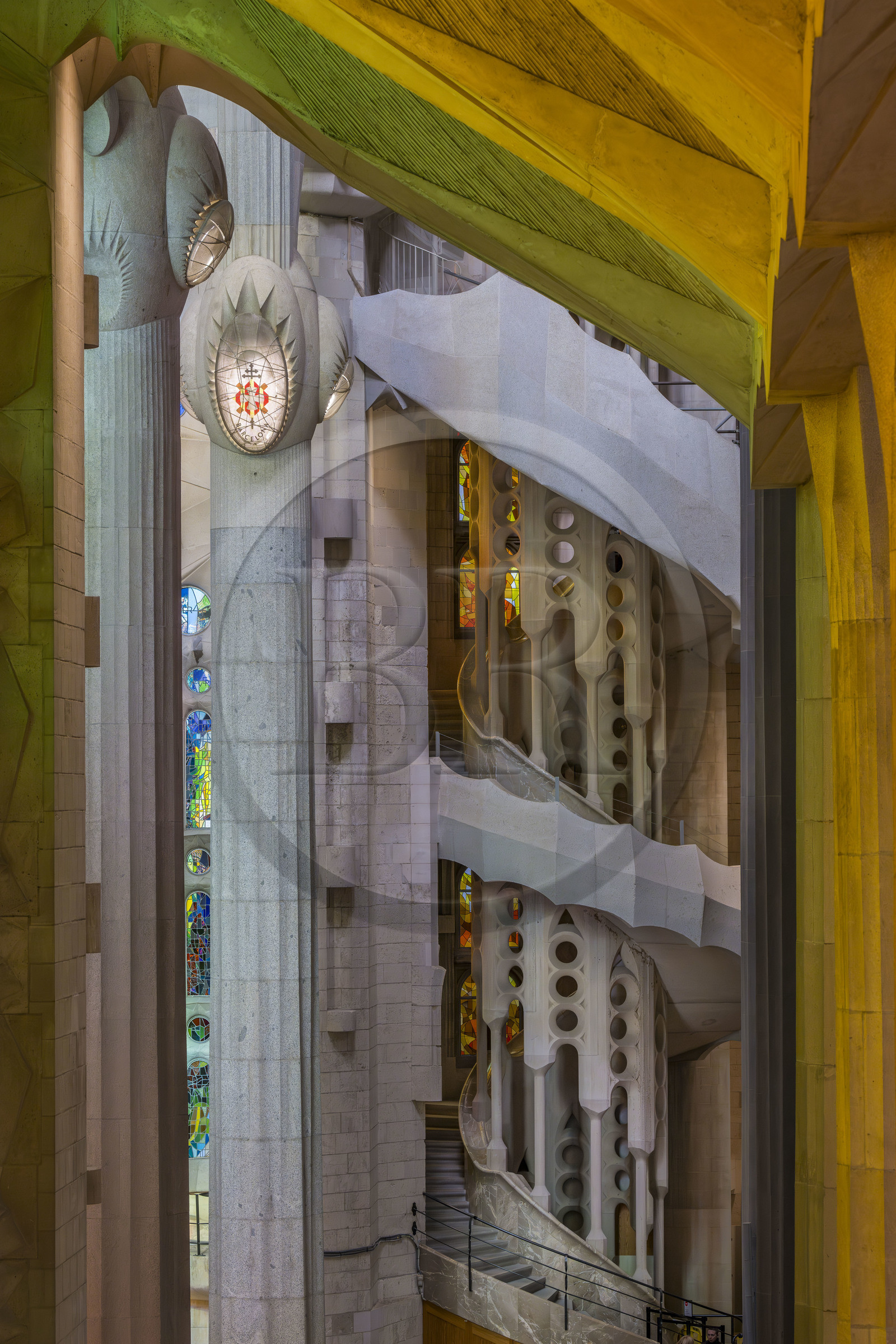 Spain, Catalonia, Barcelona, Eixample district, Sagrada Familia basilica by Catalan modernist architect Antoni Gaudi, listed as a UNESCO World Heritage Site, one of the two spiral staircases of the ambulatory giving access to the upper part of the choir