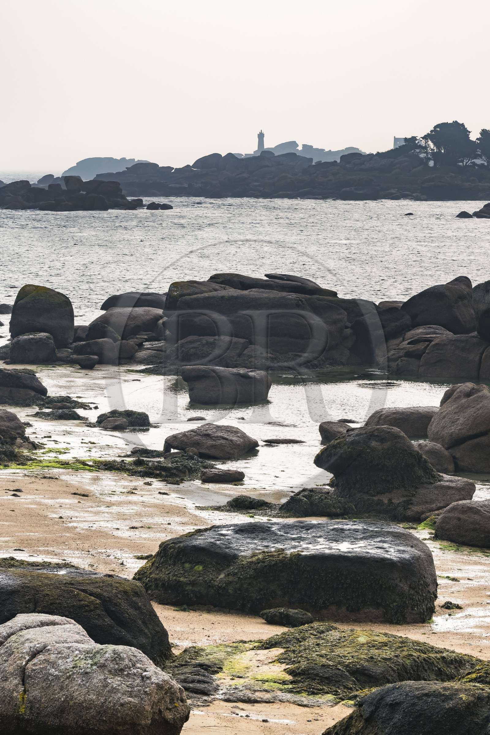 France, Côtes-d'Armor (22), Côte de Granit Rose, Trégastel, Ile Renote, la plage à marée basse et le phare de Mean Ruz à Ploumanac'h en arrière plan