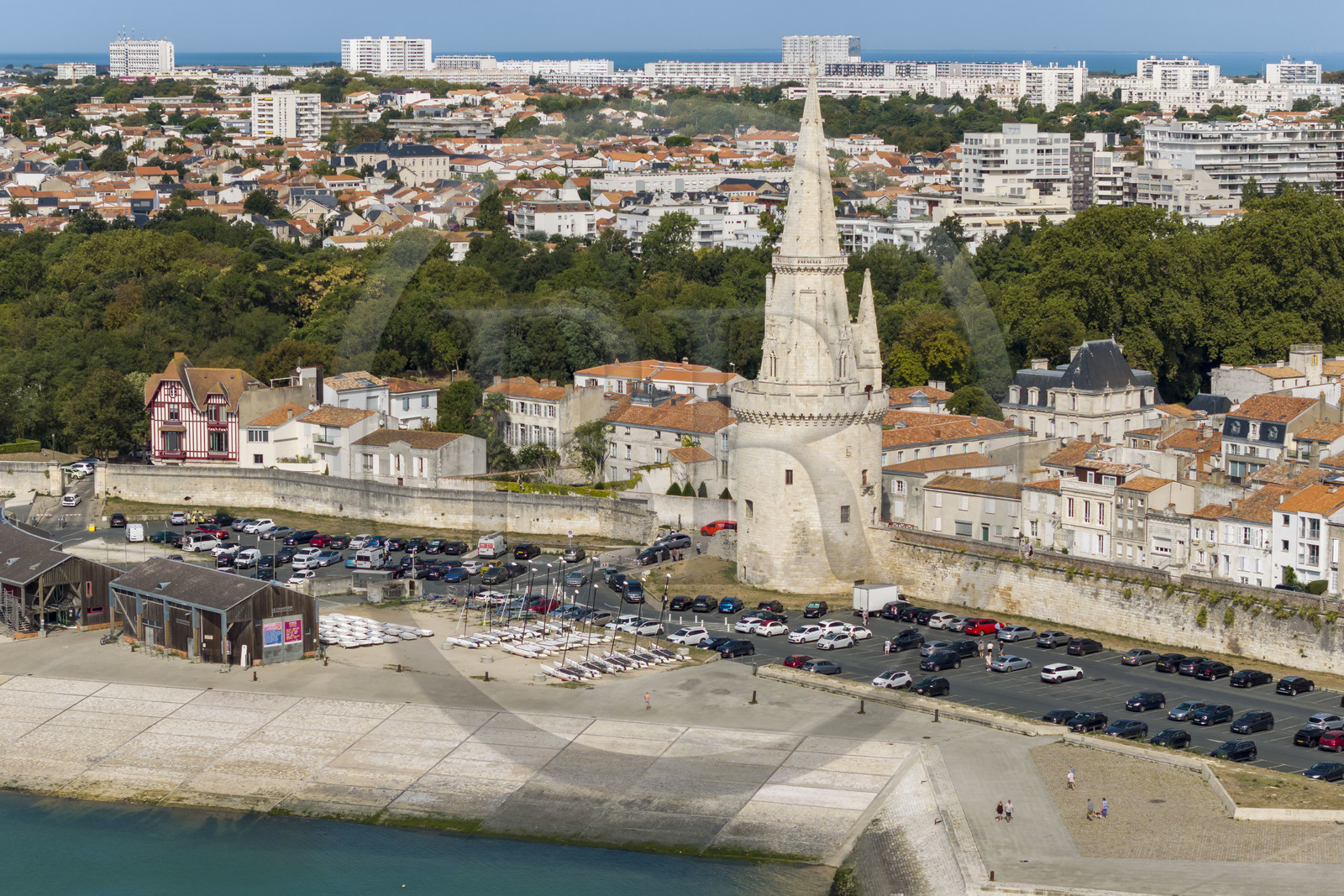 France, Charente Maritime, La Rochelle, the Old Port entrance, the tour de la Lanterne (aerial view)