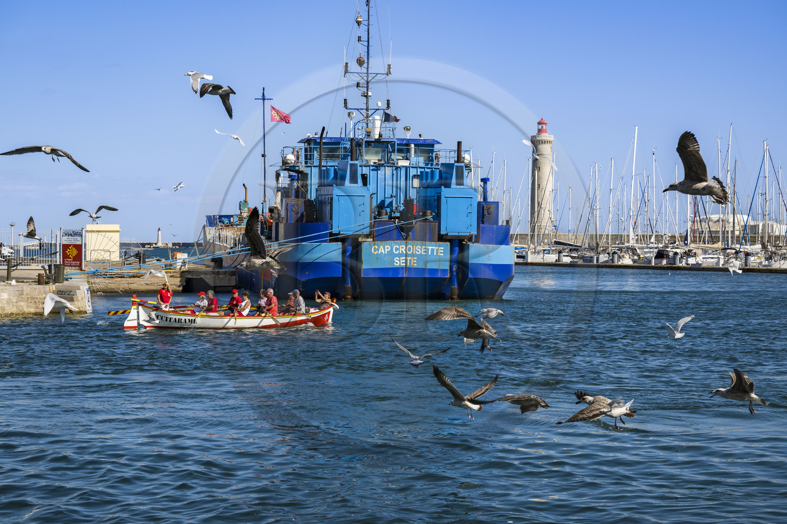 France, Hérault (34), Sète, Port de pêche, barque de l'association Occitarame qui milite pour une pratique de la rame traditionnelle, le phare du mole Saint-Louis en arrière-plan