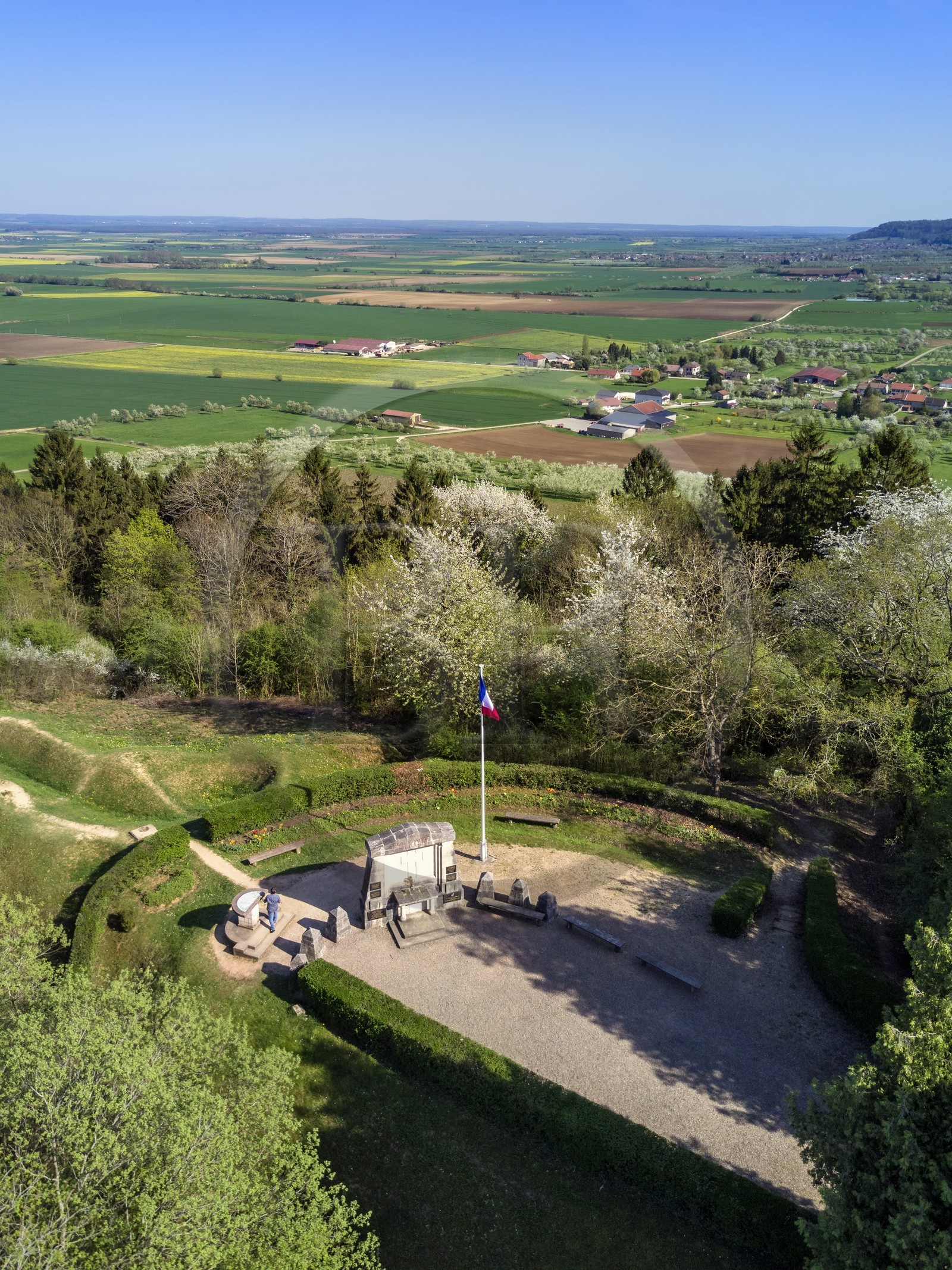 France, Meuse, Lorraine Regional Park, Cotes de Meuse, Les Eparges, traces of fighting of one of the bloodiest battles of the First World War, shell holes and point X Monument in memory of  Those who have no grave (aerial view)