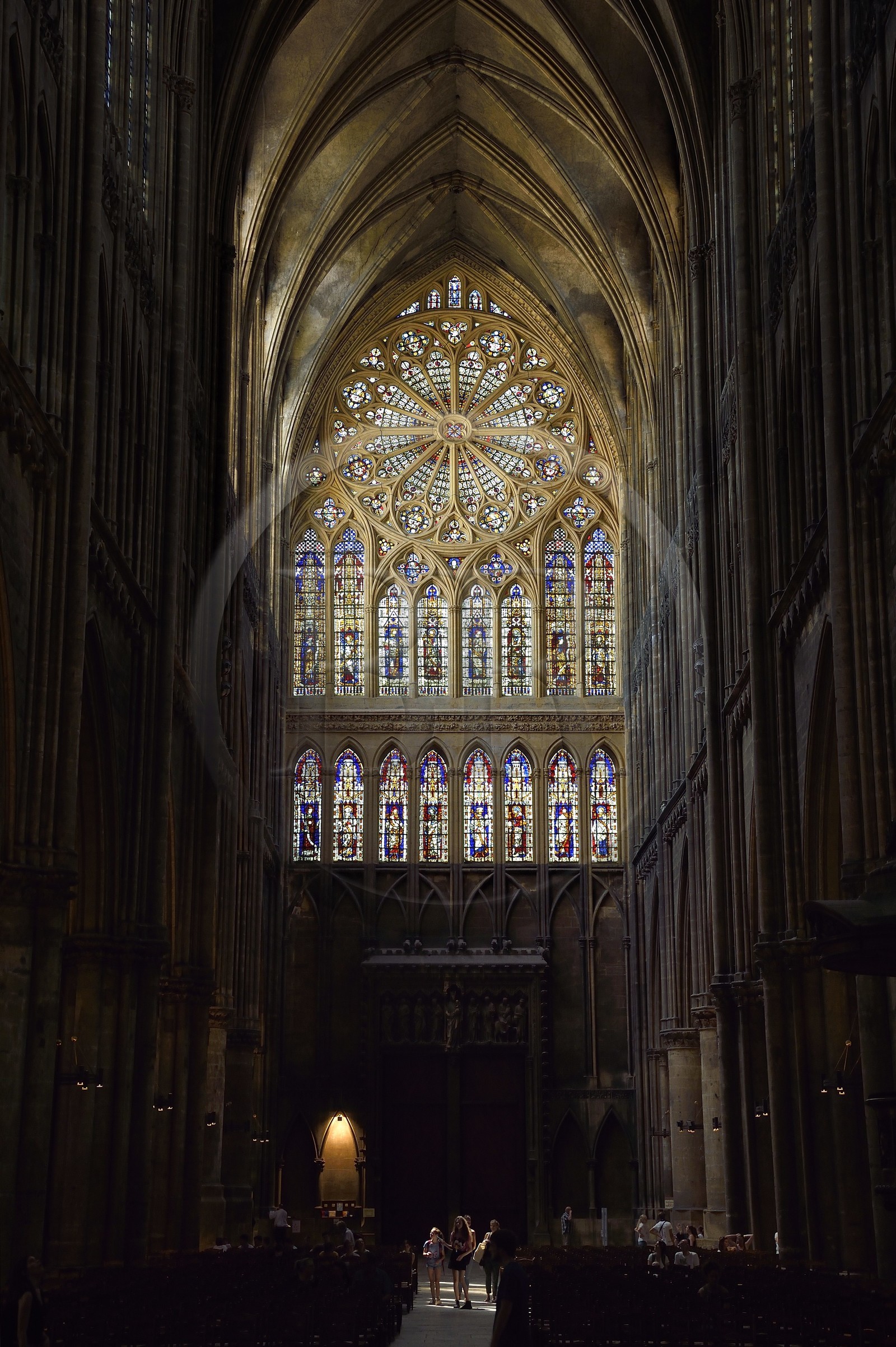 France, Moselle, Metz, Saint Etienne cathedral, the nave and the western facade with 14th century stained glass windows from Hermann of Münster with the large rosette