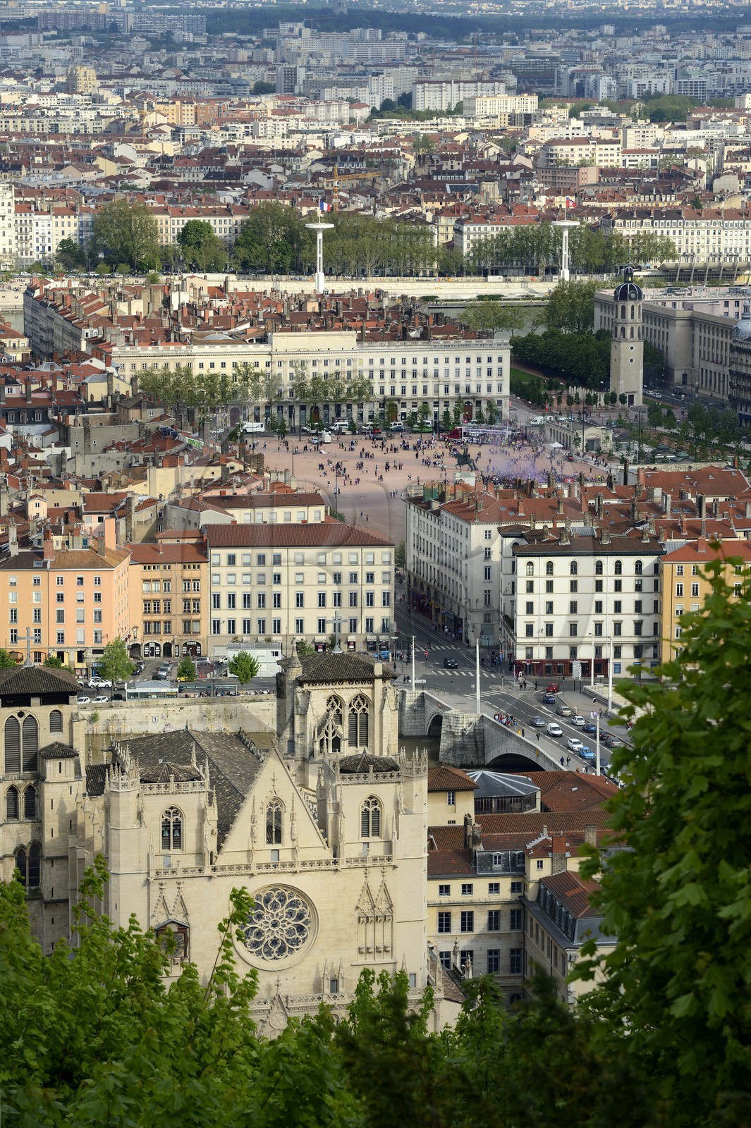 France, Rhone, Lyon, historical site listed as World Heritage by UNESCO, Vieux Lyon (Old Town), Saint Jean Cathedral (Saint John's Cathedral) and the place Bellecour in the district of La Presqu'Ile in the background