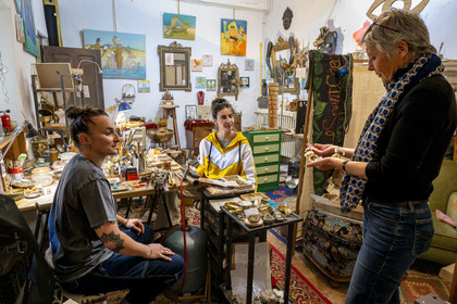 France, Vaucluse, Dentelles de Montmirail mountains, Vaison la Romaine, the upper town (medieval city), Camille and Coline, jewelry designers, in their workshop located in the former chapel of the White Penitents, now part of the Hotel du Beffroi