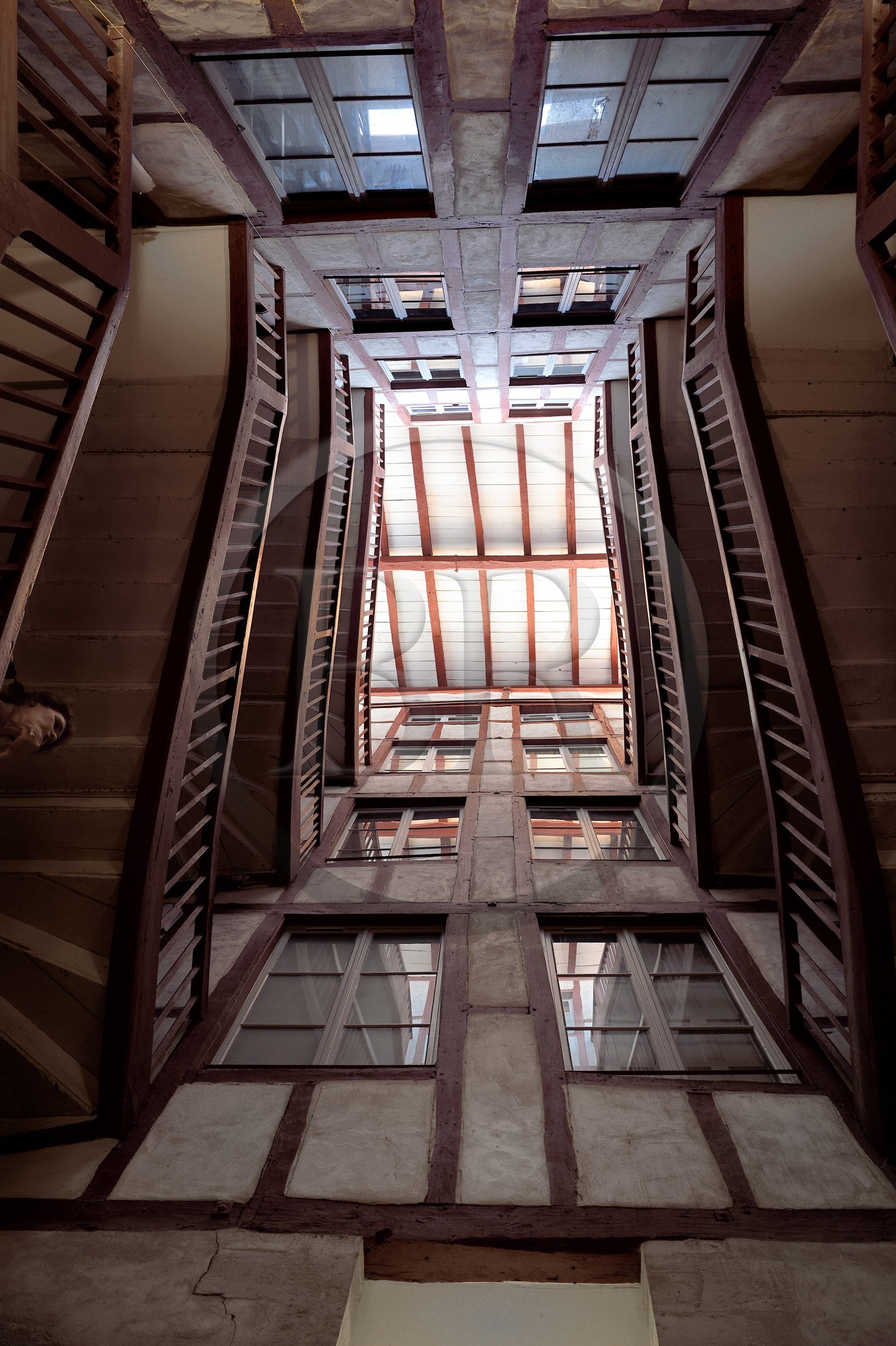 France, Pyrenees Atlantiques, Basque Country, Bayonne, traditional half-timbered house in rue des Basques, late 17th century staircase