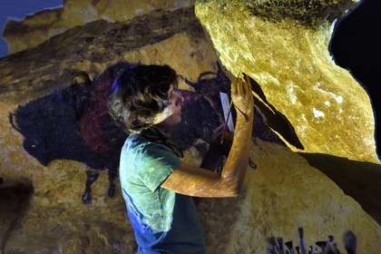 France, Dordogne, Montignac, the Atelier des Fac-Similés du Périgord (Perigord's Facsimile Workshop AFSP) specialised in mineral reproduction of prehistoric painted walls using “stone veil” patented technique and in charge of the Lascaux cave’s walls faithfull reconstitution, reproductions of the paintings by the painter-copyist Margot Aït Kaci, compulsory mention Atelier des Fac-Similés du Perigord