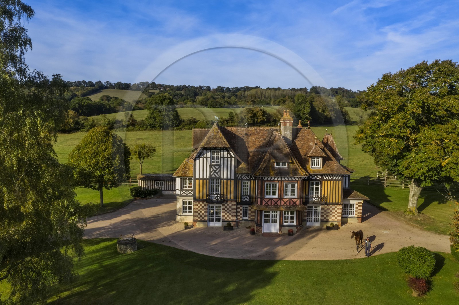 France, Calvados (14), Pays d'Auge, Beuvron-en-Auge, labellisé Les Plus Beaux Villages de France, manoir du Haras de Sens, le cheval Gold de Padd (fils de l'étalon Ready Cash) tenu par le stud groom Dominique Blachet (vue aérienne)