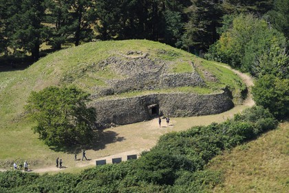 France, Morbihan, Gulf of Morbihan (Golfe du Morbihan), Gavrinis island, Gavrinis cairn megalithic monument (aerial view)