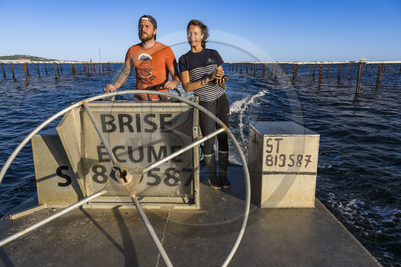 France, Hérault (34), Etang de Thau, Mèze, les producteurs de coquillages Quentin et Emmeline