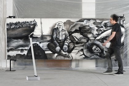 France, Val-de-Marne (94), Yvry-sur-Seine, Atelier de Fred Kleinberg, travail pour l'exposition Odyssée