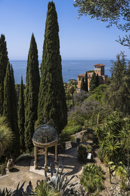 Italy, Liguria, Province of Imperia, Ventimiglia, Hanbury Botanical Garden, the Tempietto in the foreground and the villa Orengo