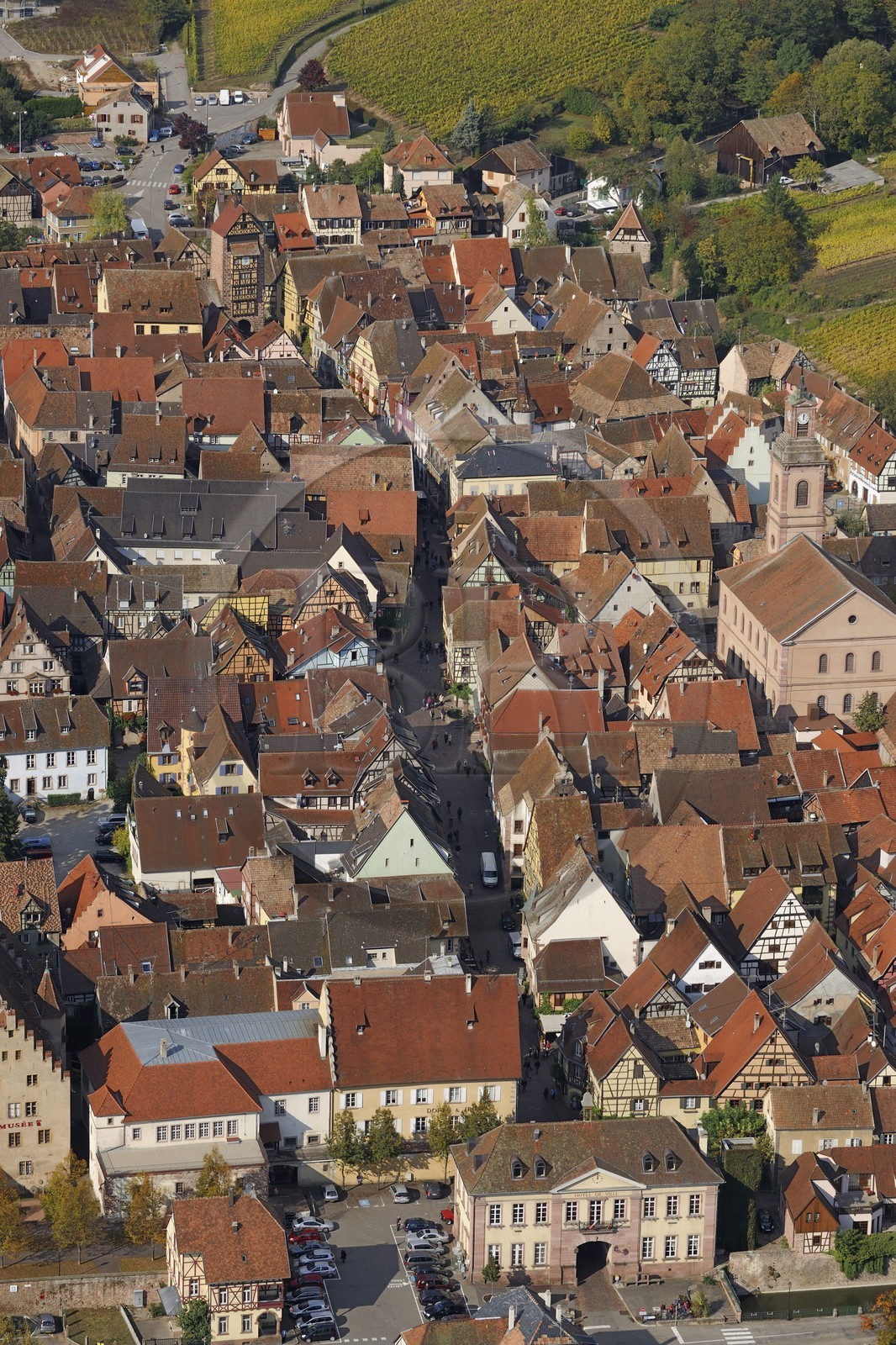 France, Haut-Rhin (68), Riquewihr, le coeur historique (photo aérienne)