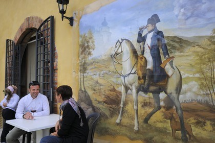 Italy, Verona province, the Battle of Rivoli was held on 14 and 15 January 1797 around Rivoli Veronese and saw the victory of the French forces led by Napoleon Bonaparte against the Austrian army, mural on the facade of a restaurant