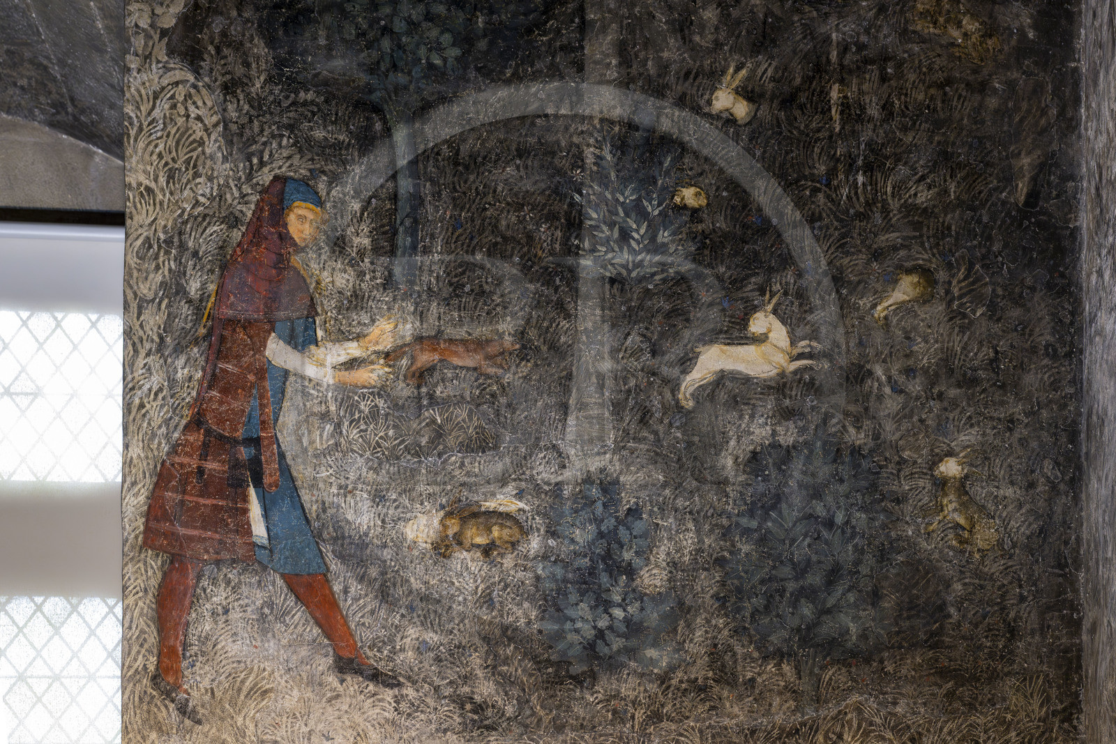 France, Vaucluse (84), Avignon, Palais des Papes classé Patrimoine mondial de l'UNESCO, tour de la Garde-Robe, chambre du Cerf, studium ou cabinet de travail de Clément VI, qui évoque dans un panorama ininterrompu les plaisirs seigneuriaux dont diverses techniques de chasse et de pêches, chasse au furet