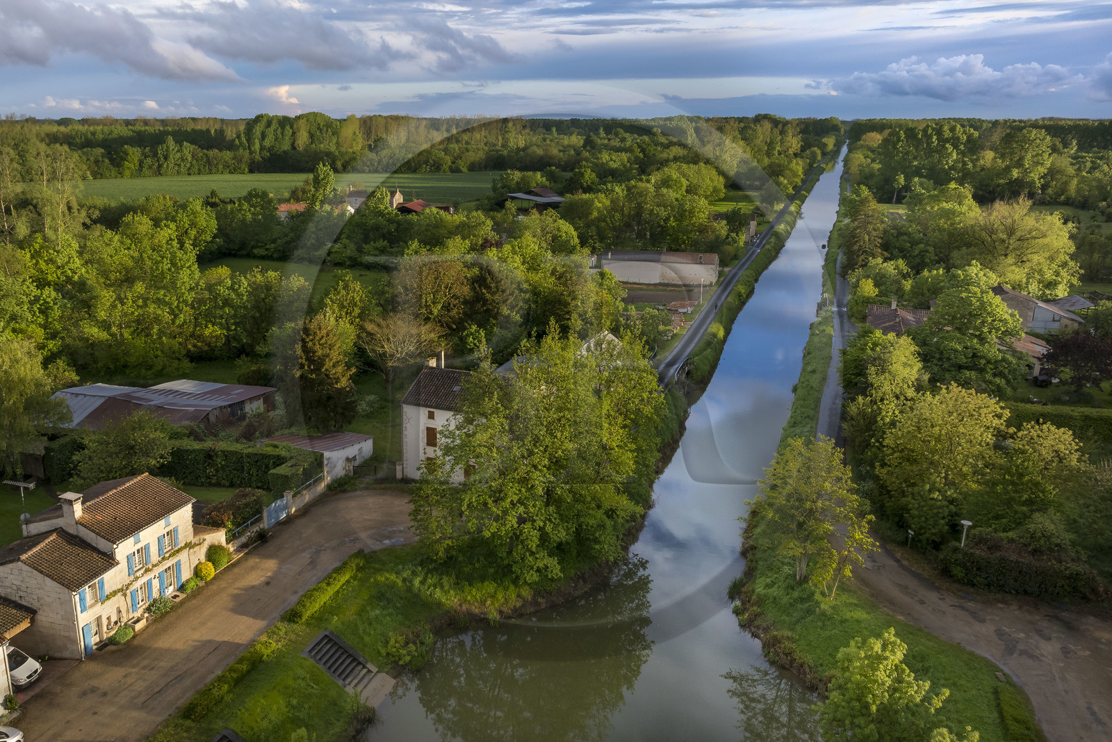 France, Vendee, Bouillé Courdault, the river port of Courdault at the end of the Vieille-Autise canal and its old towpath (aerial view)