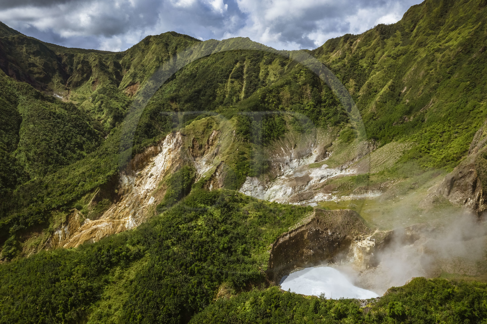 Caribbean, Dominica Island, Castle Bruce, Morne Trois Pitons National Park listed as World heritage by UNESCO, Valley of Desolation, the Boiling Lake, the second largest flooded fumarole boiling lake in the world (aerial view)