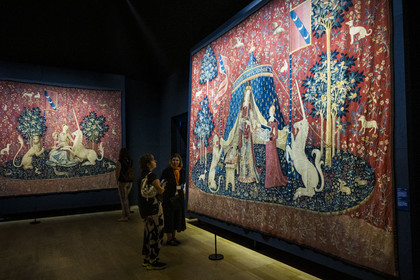 France, Paris, Musée de Cluny - Musée national du Moyen-Age (Middle Ages Museum in the former Hotel de Cluny), tapestries of the Lady and the Unicorn called My only Desire (a sixth sense the heart?) (circa 1500, wool and silk)