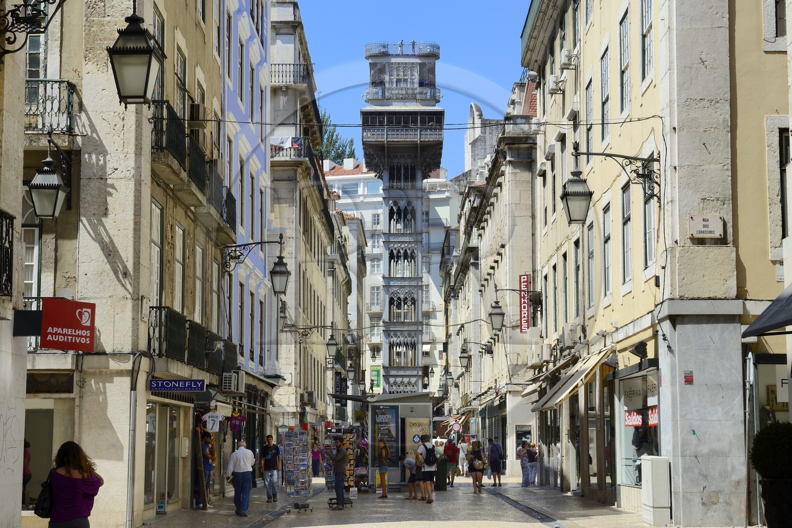 Portugal, Lisbon, Baixa Pombal district, elevador of Santa Justa, metal tower with elevator in neogothic style, built in 1902 by Raoul Mesnier du Ponsard student of Gustave Eiffel, seen from Santa Justa street