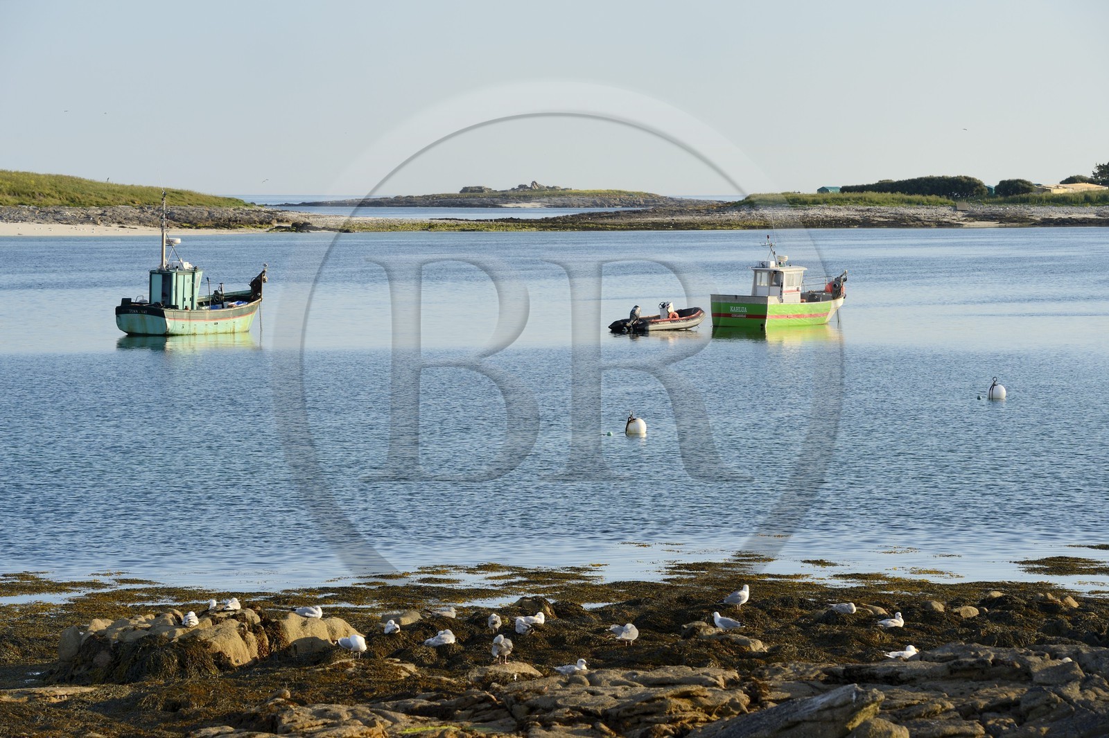 France, Finistère (29), La Foret Fouesnant, archipel des Glénan, Ile Saint-Nicolas, bateaux de pêche au mouillage et l'Ile Drénec en arrière plan