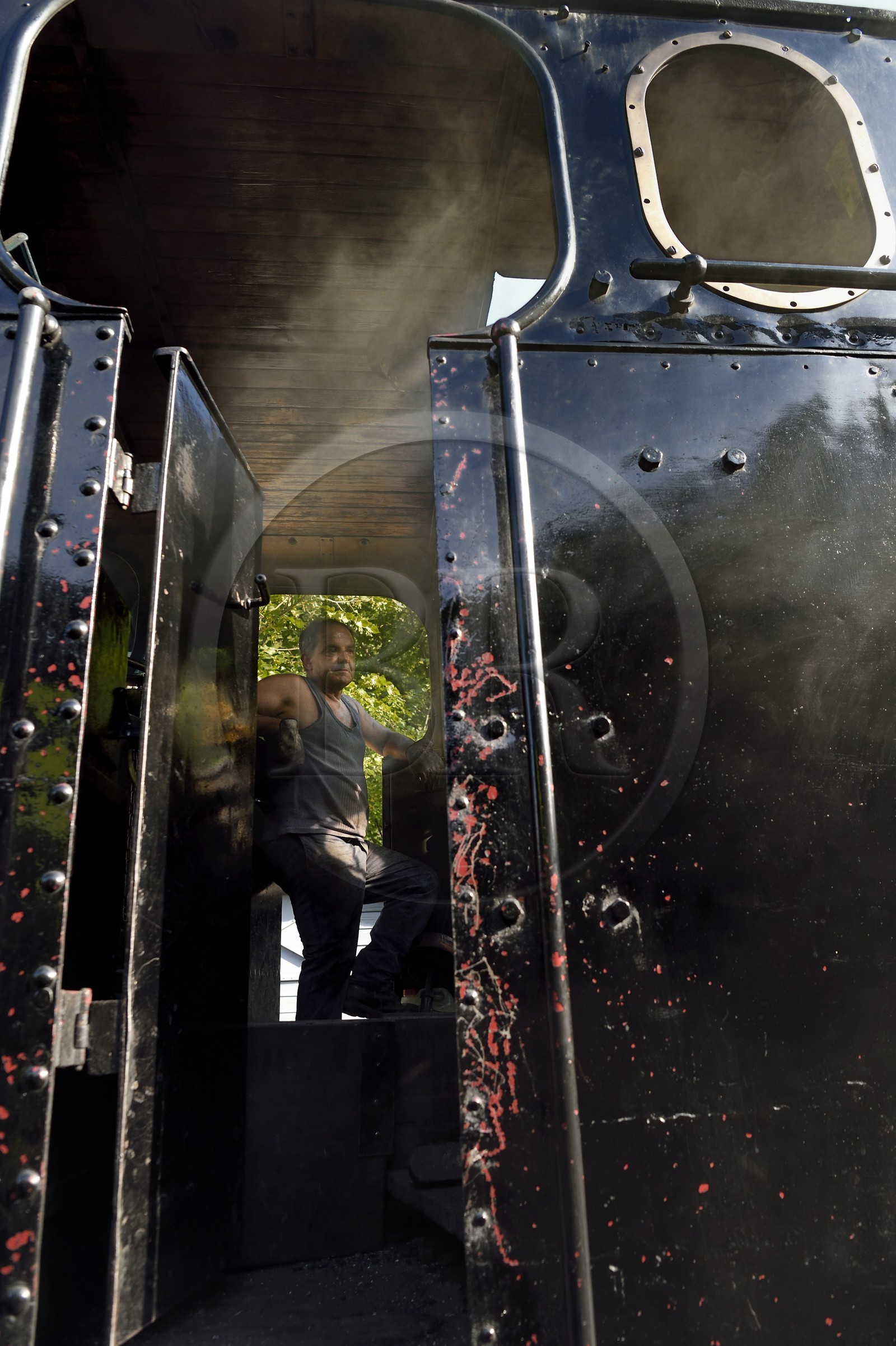 France, Alpes-Maritimes (06), Puget Théniers, locomotive en chauffe, Luc Cabouret bénévole du G.E.C.P. qui restaure et exploite le Train des Pignes, aujourd'hui aide chauffeur