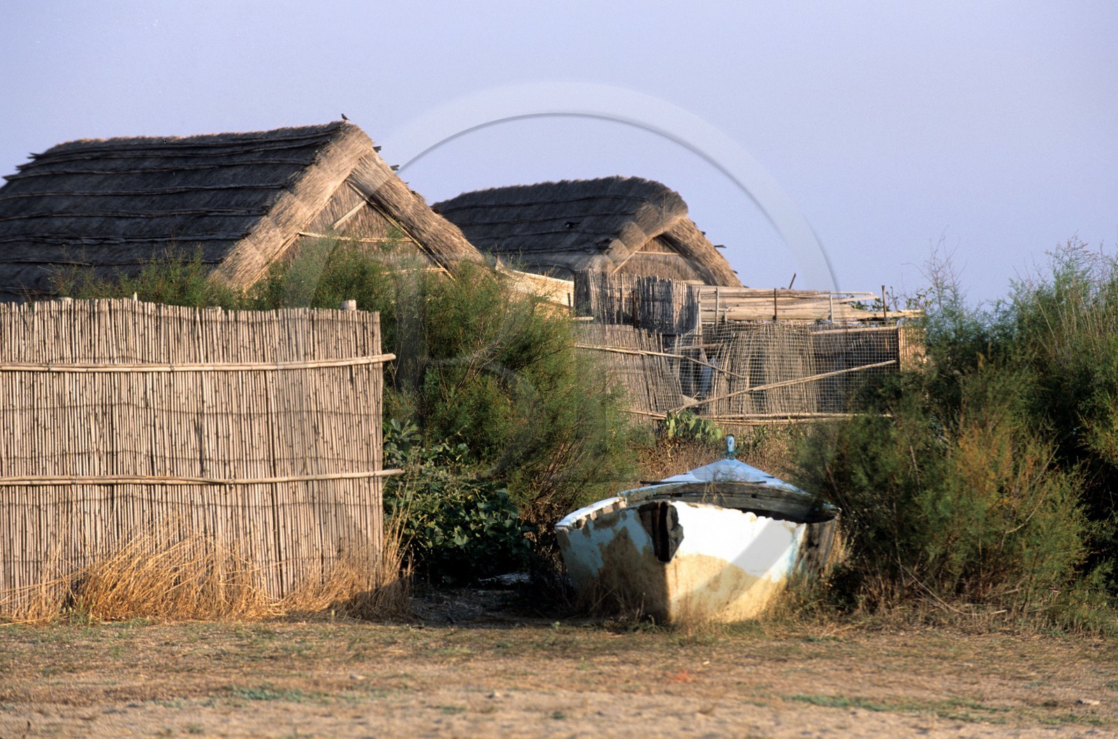 France, Pyrénées-Orientales (66), Canet-Plage, une hutte de pêcheurs au bord de l' étang de Canet et de Saint-Nazaire