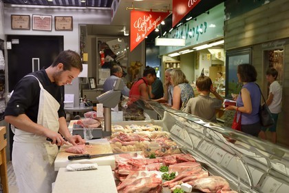 France, Rhône (69), Lyon, cours Lafayette, les Halles Paul Bocuse, Boucherie Trolliet aussi meilleur ouvrier de France