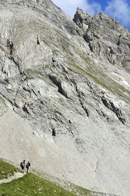 France, Alpes de Haute Provence, Uvernet Fours, Mercantour National Park, Ubaye valley, Cayolle pass (2326 m), hiking trail that climbs through the alpine lawn on the lake tour under the mountain top of the Eagle Hole