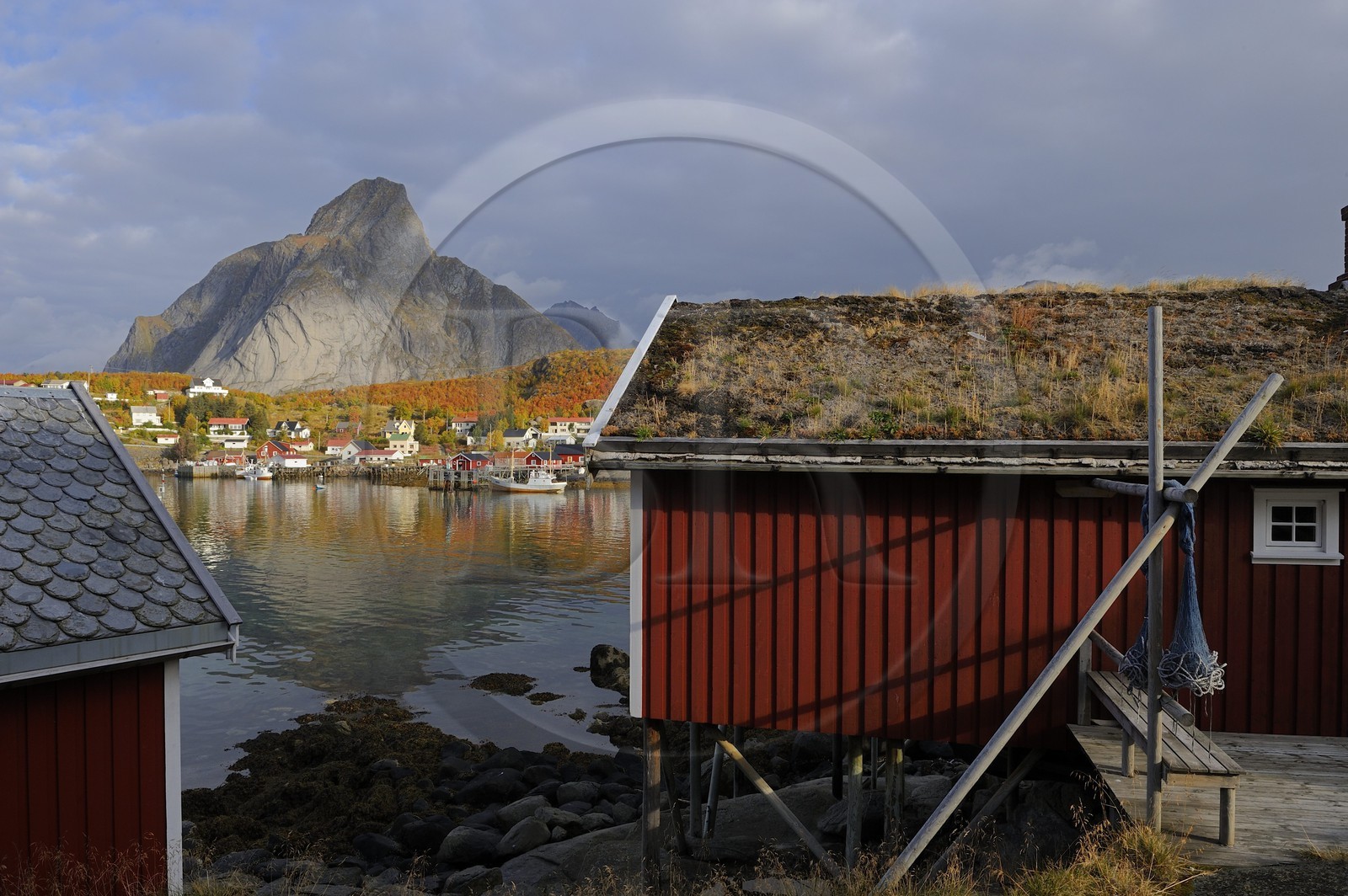 Norvège, Nordland, Iles Lofoten, ile de Moskenesoy, rorbue (maison de pêcheurs) dans le village de Reine