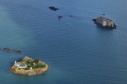 France, Finistere, Morlaix bay, Carantec, lighthouse of Louet island (also a guest house in summer) and the Chateau du Taureau (aerial view)