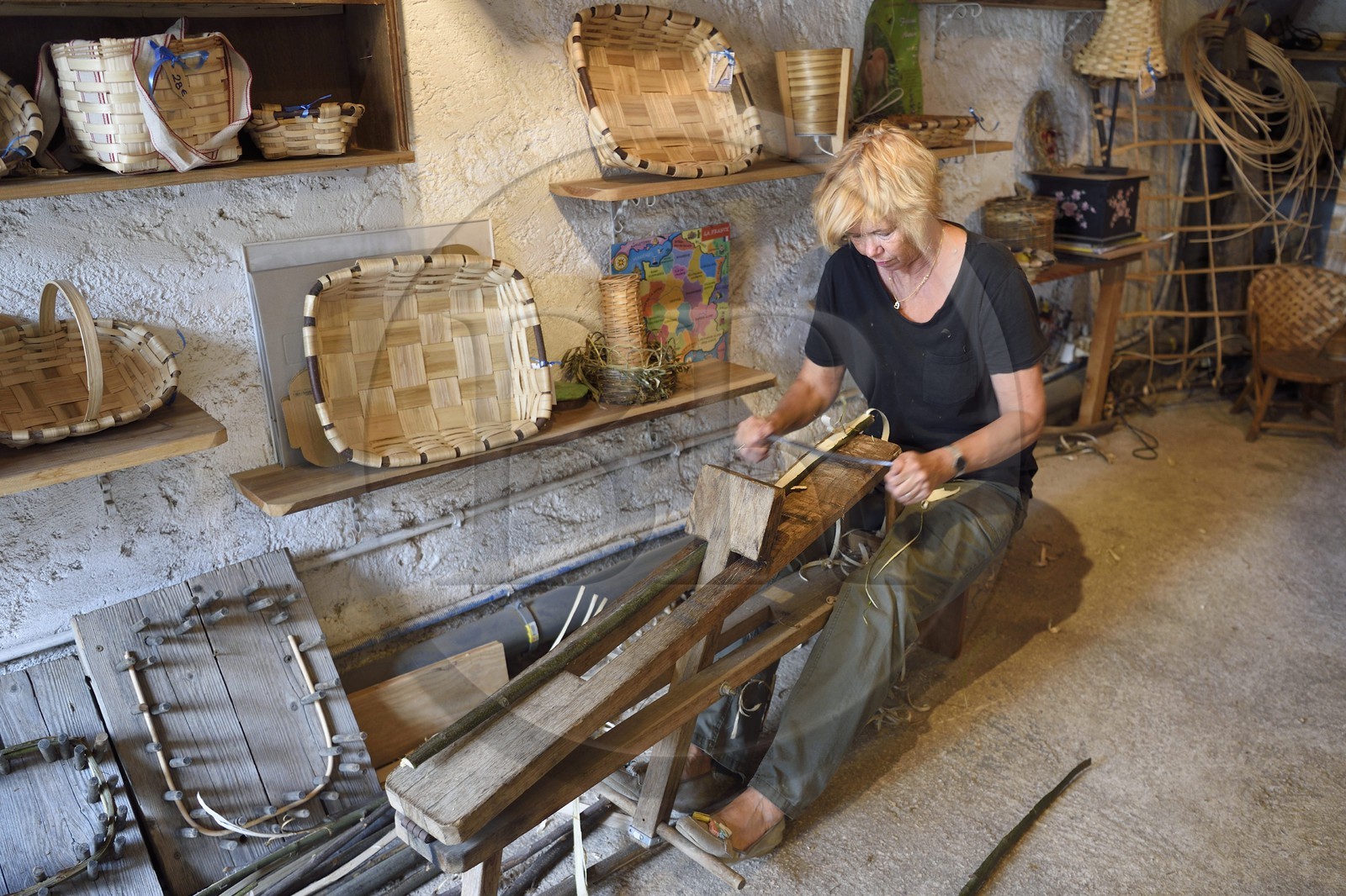 France, Var (83), Massif des Maures, Collobrières, Lou Castagnié, la vannière et castanéicultrice Anneke Lepra tresse des paniers en chataignier installée sur son banc d’âne