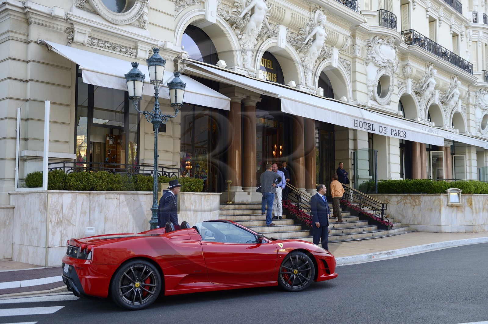 Principality of Monaco, Monaco, Monte-Carlo, Ferrari parked outside the Hotel de Paris