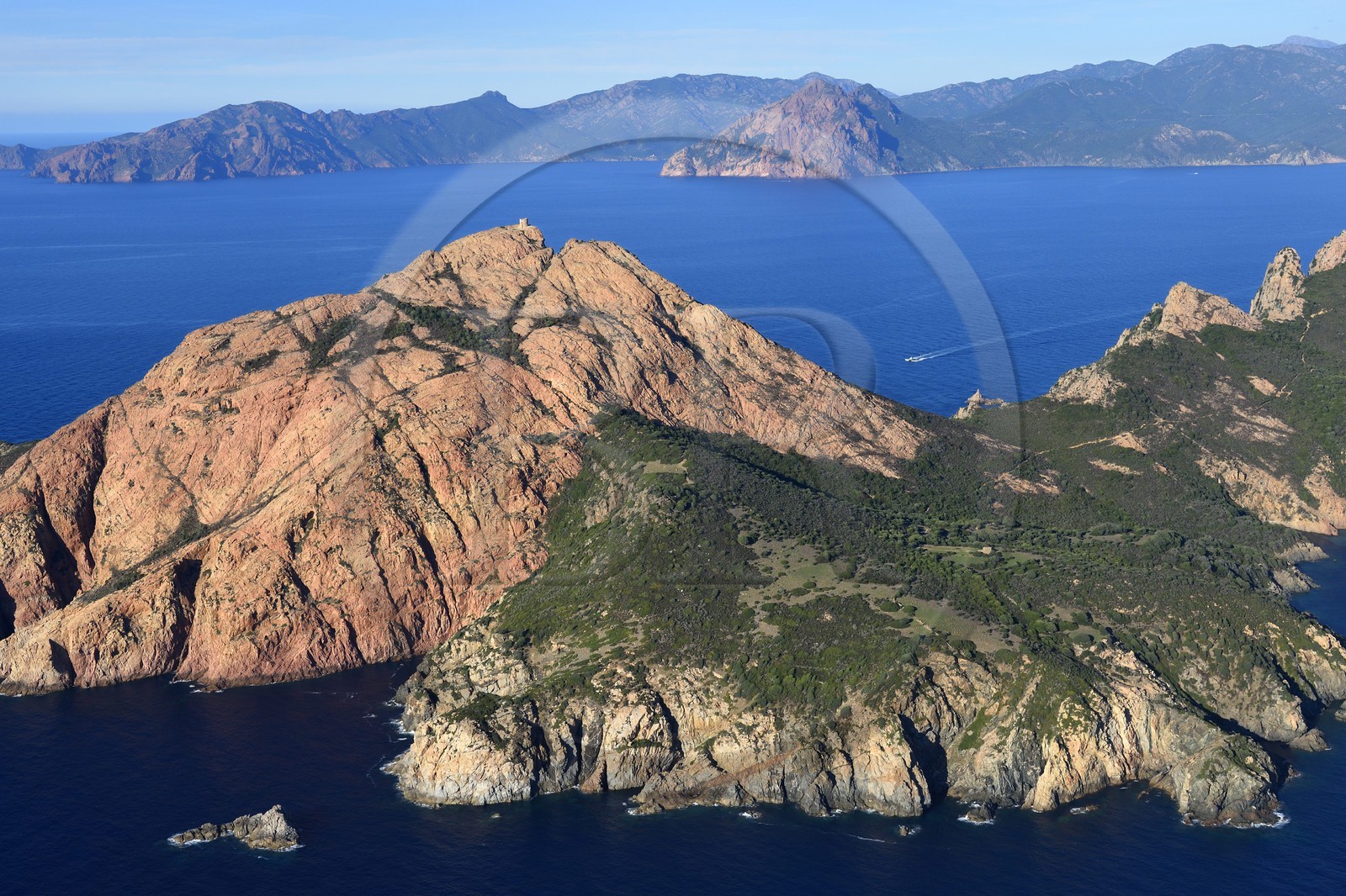 France, Corse du Sud, Golfe de Porto, listed as World Heritage by UNESCO, the Capo Rosso and the Genovese Tower of Turghiu (Turghio) in the background (aerial view)