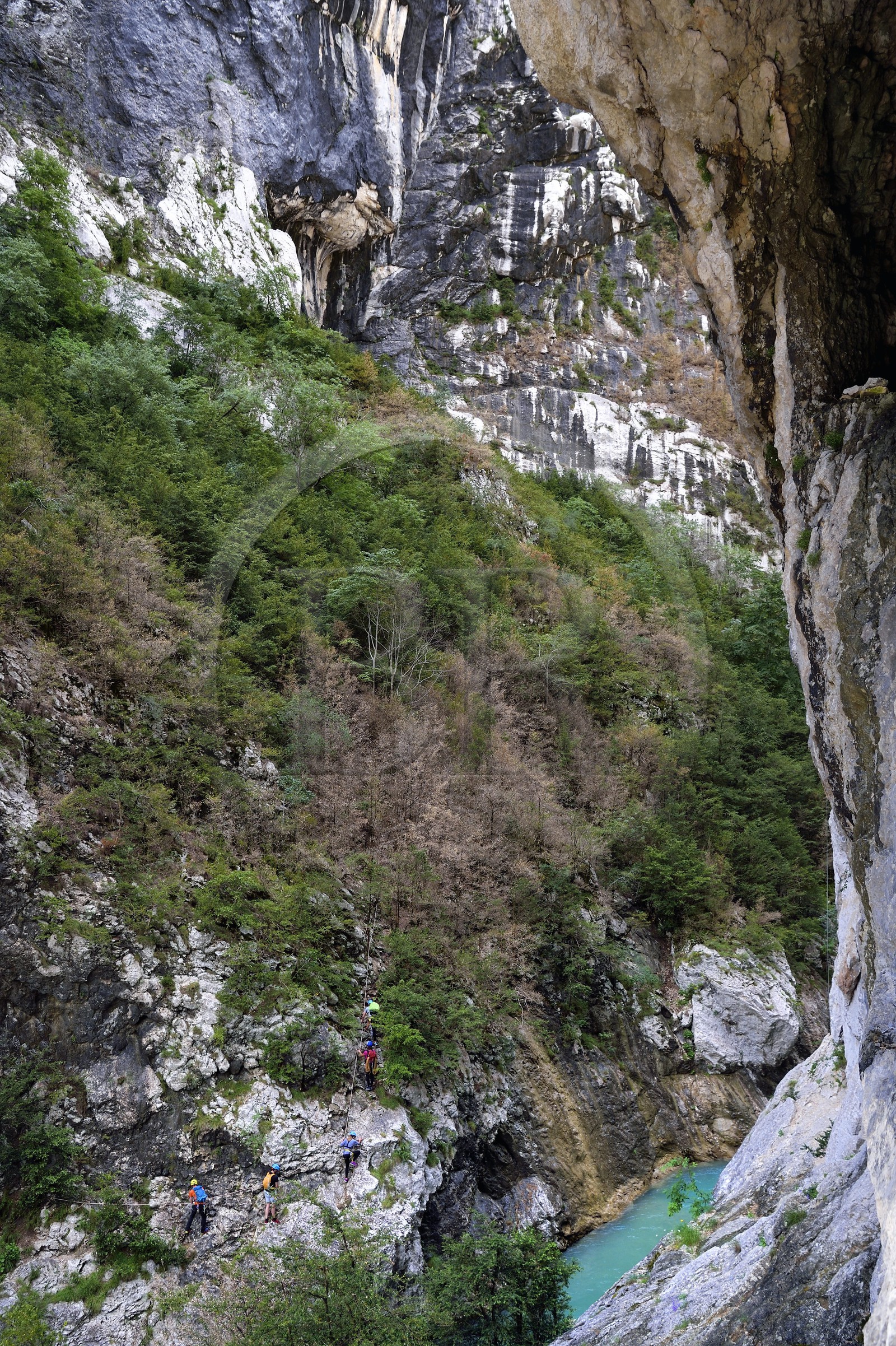 France, Alpes-de-Haute-Provence (04), Parc Naturel Régional du Verdon, Rougon, Grand Canyon du Verdon, la rivière du Verdon, grimpeurs sur une paroi des falaises du couloir Samson, vu depuis le sentier Blanc-Martel sur le GR4