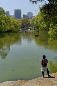 Etats-Unis, New York, Manhattan, Central Park, pêcheur au bord du Lac et les immeubles de Midtown en arrière plan