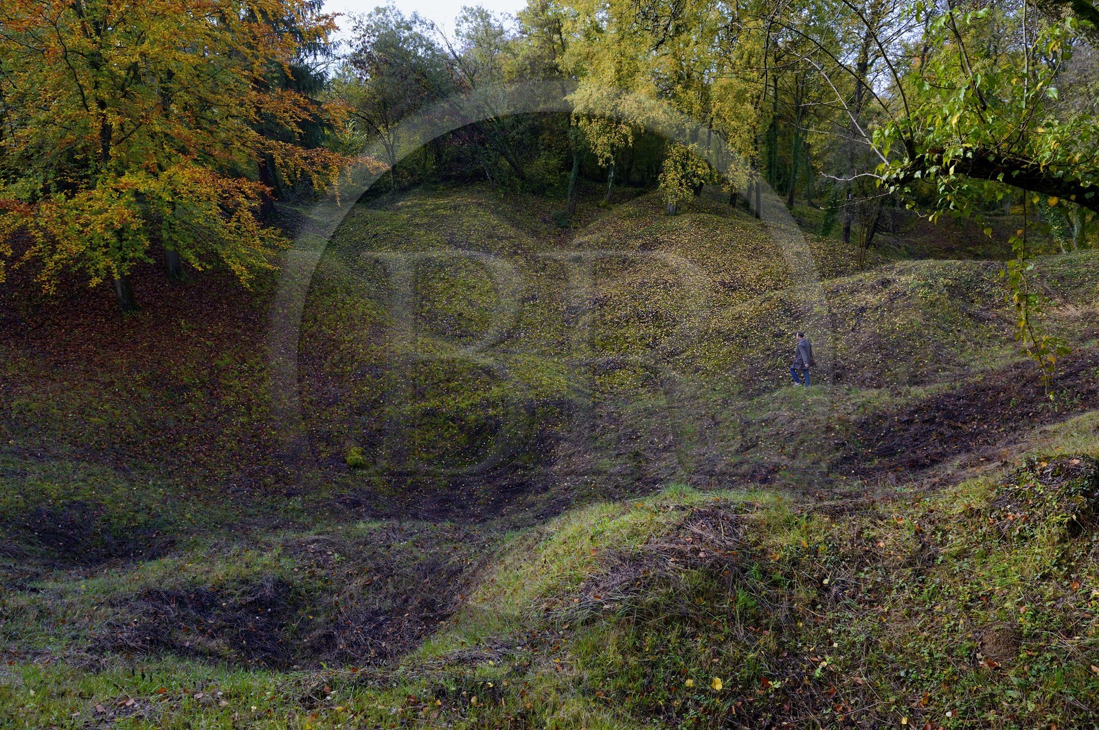 France, Meuse (55), Parc régional de Lorraine, Cotes de Meuse, Les Éparges, traces des combats d’une des luttes les plus meurtrières de la Première Guerre mondiale, entonnoir résultant d'explosions de mines pour le contrôle du « point X » qui domine la plaine et trous d'obus