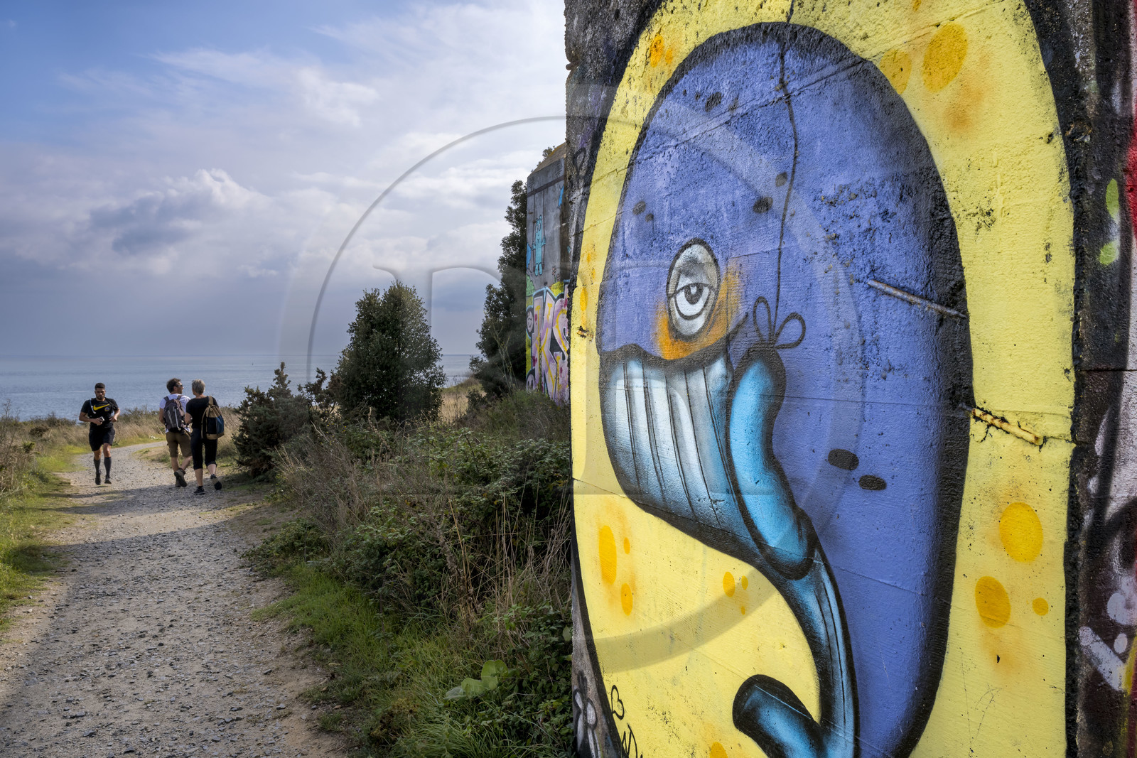 France, Loire-Atlantique (44), Estuaire de la Loire, Saint-Nazaire, Pointe de l’Eve, graffiti le long du chemin de Grande Randonnée GR 34