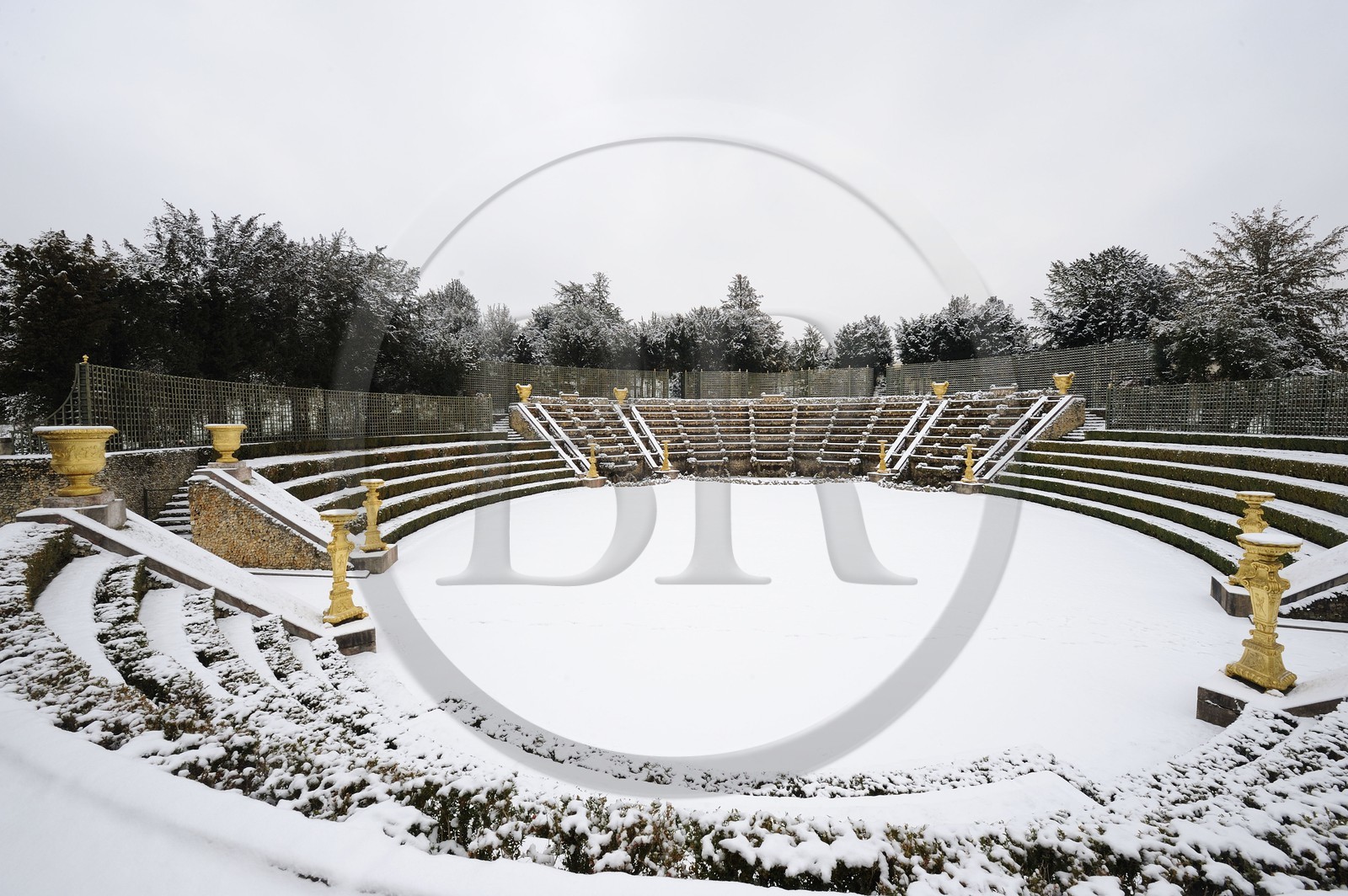France, Yvelines, snow covered park of the Chateau de Versailles, listed as World Heritage by UNESCO, the Bosquet de la Salle de Bal (Ballroom Grove)