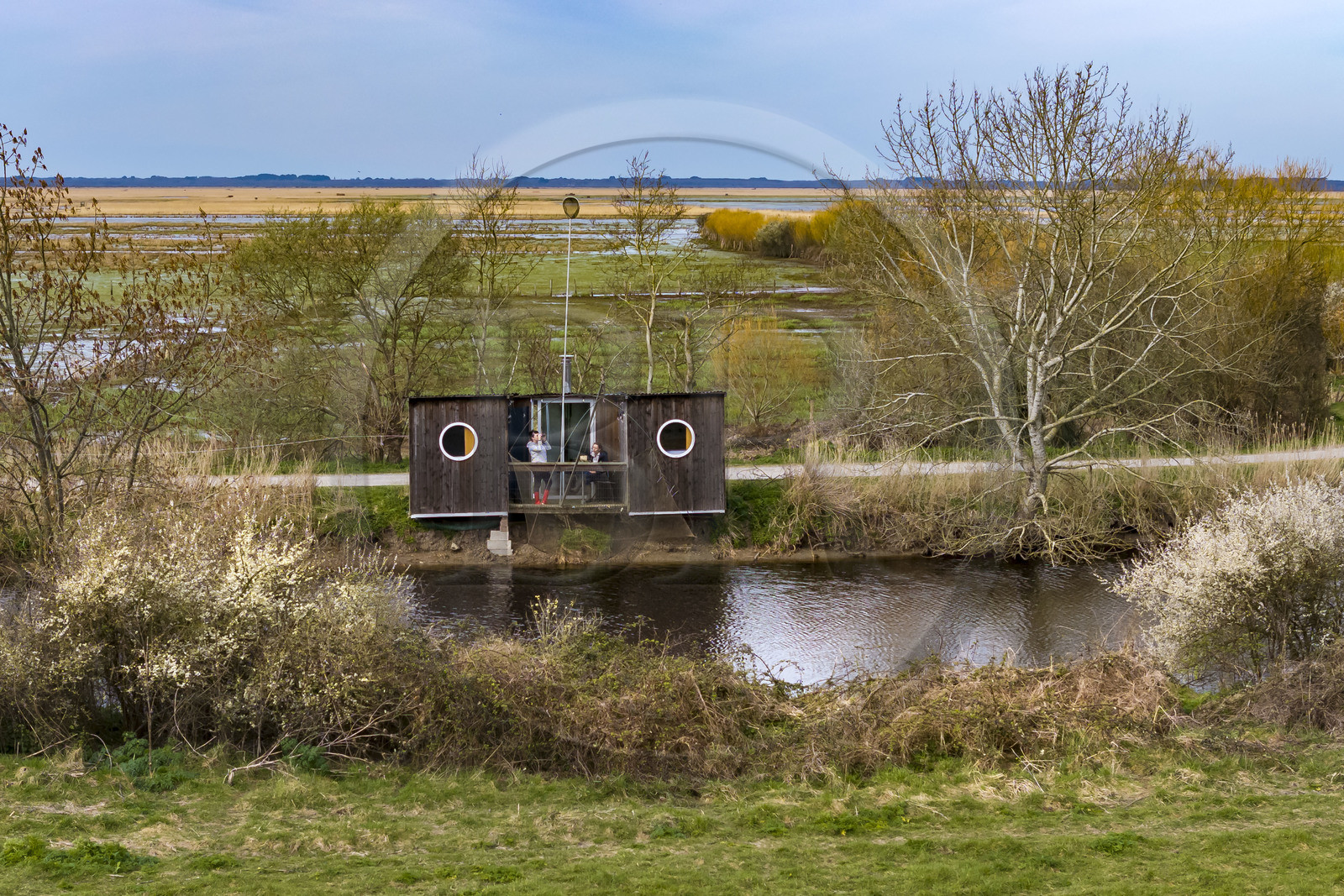 France, Loire-Atlantique, Parc Naturel Regional de la Briere (Briere Natural Regional Park), Saint Malo de Guersac,   cabin cottage The Twin Fisheries (aerial view)