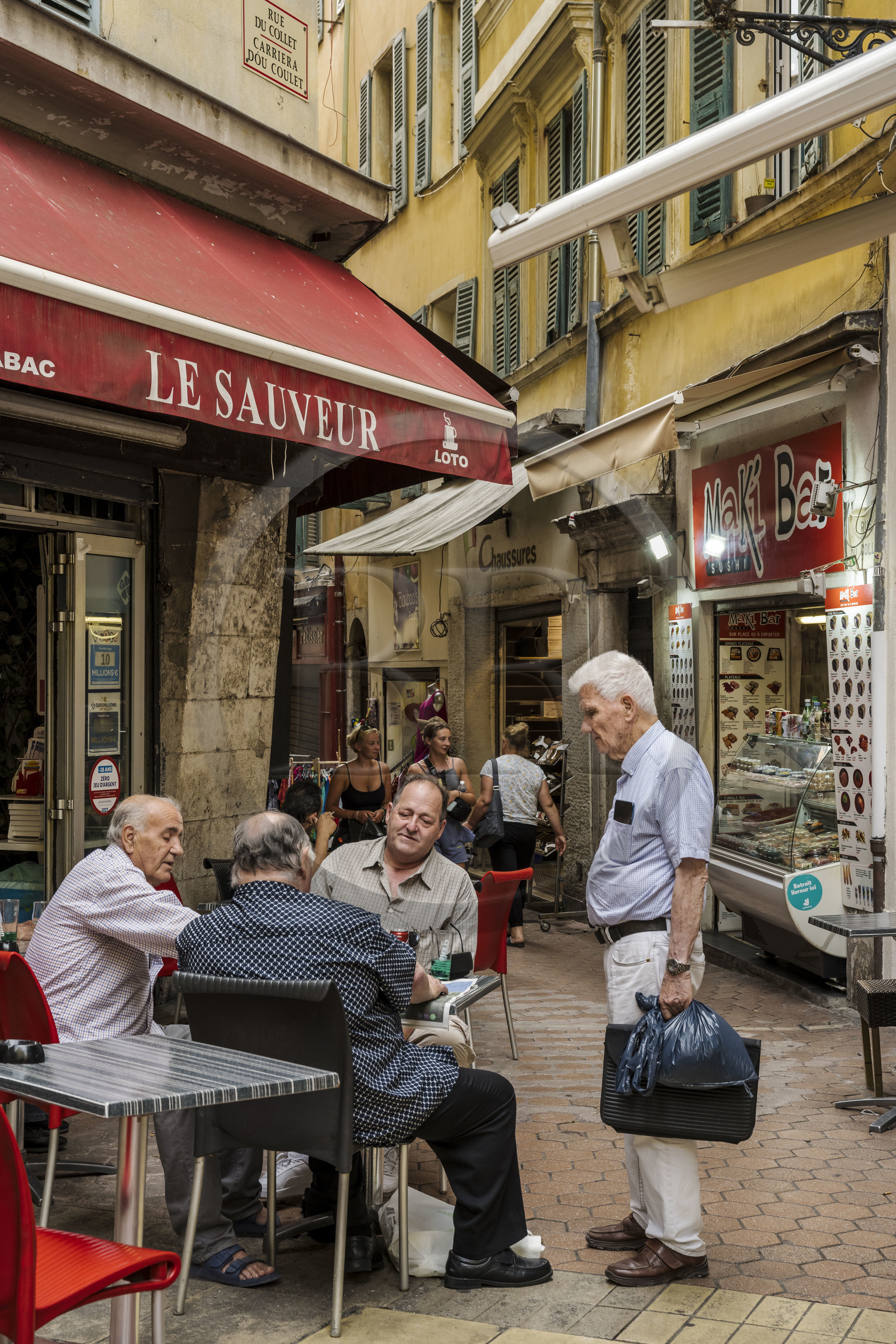 France, Alpes-Maritimes, Nice, listed as World Heritage by UNESCO, Old Nice, Café terrace in the rue du Collet