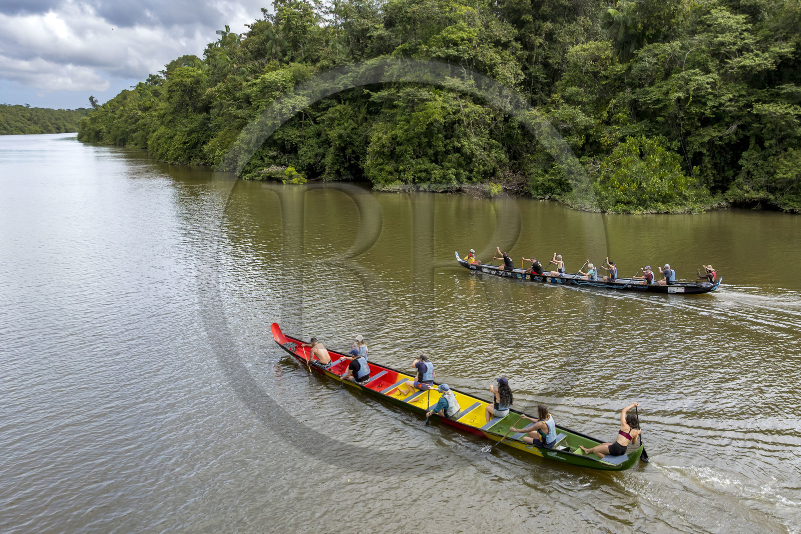 France, Guyane, Kourou, Camp Maripas, course de deux pirogues P12 (pirogue traditionnelle Guyanaise adaptée en résine) sur le fleuve Kourou (vue aérienne)