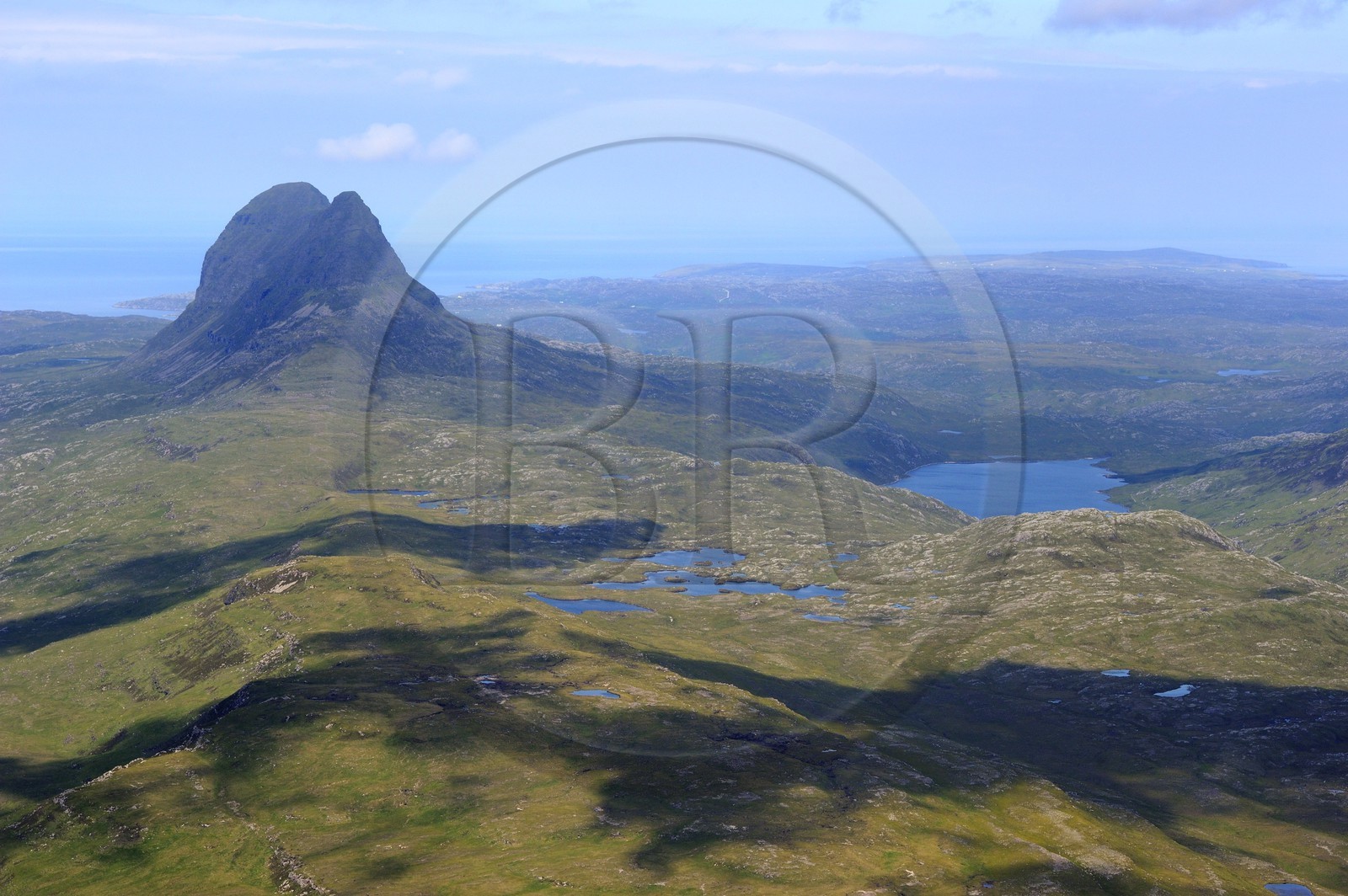 United Kingdom, Scotland, Highland, Mount Cul Mor 849m (2785ft) overlooks the Loch Veyatie and the surrounding landscape of Assynt and Coigach in Northern Highlands (aerial view)